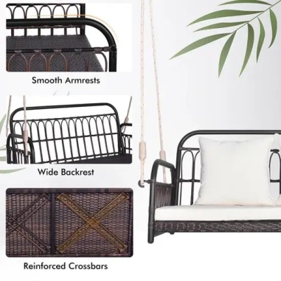 Tangkula Wicker Porch Swing 2-Person Outdoor Patio Hanging Chair w/ Cushions Mix Brown image {4}
