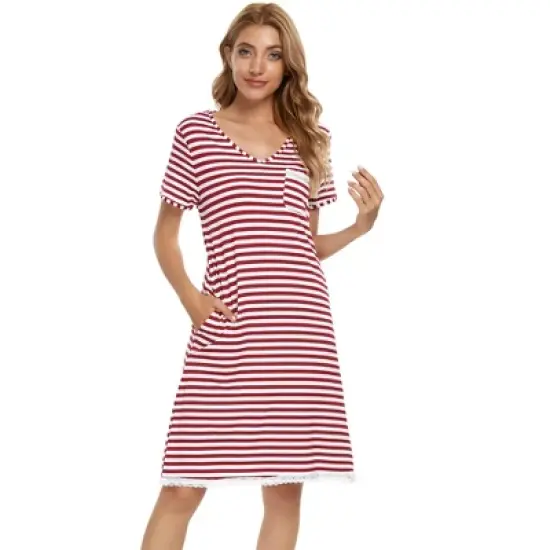 cheibear Womens Pajama Dress Nightshirt Stripe Sleepwear V-Neck Lounge Soft Nightgown image {5}