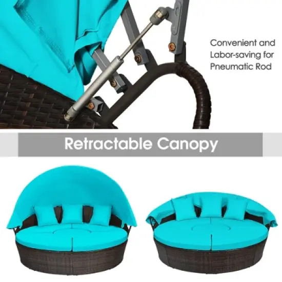 Tangkula Cushioned Patio Rattan Round Daybed w/ Adjustable Table 3 Pillows Turquoise image {2}