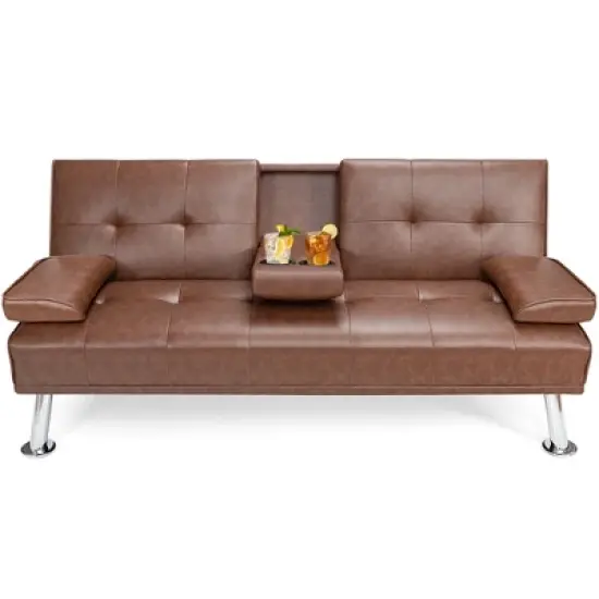 Costway Convertible Folding Futon Sofa Bed Leather w/Cup Holders&Armrests White\Black\Brown image {11}