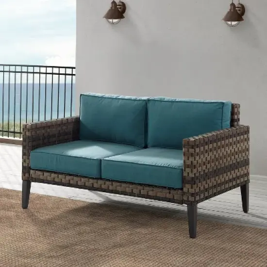 Prescott Outdoor Wicker Loveseat - Blue/Brown- Crosley image {1}