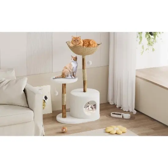 Nasitip 43" Natural Wood Cat Tree for Large Cats, White Aesthetic Cat Tower with Basket, Perches & Scratching Posts, Floor Standing image {7}