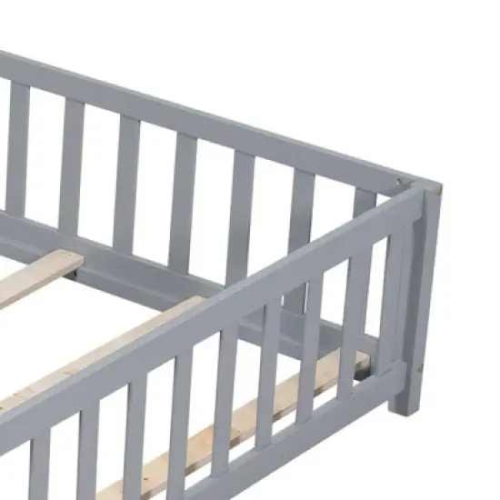 Toddler Floor Bed,Full Size Floor Bed with Safety Fence Guardrails and Slats, Wooden Floor Bed Frame with Door, No Box Spring Needed image {5}