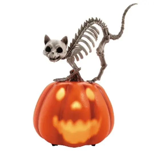 Morris Costumes 11 1/2" Animated Pumpkin with Skeleton Cat Tabletop Halloween Decoration image {1}