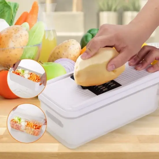 Cheer Collection Vegetable Slicer with 5 Stainless Steel Blades and Storage Container with Lid, Black and White image {3}