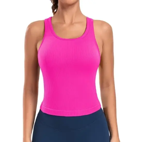 Attraco Women's Workout Tank Tops with Built in Bra Ribbed Seamless Yoga Tanks Tight Fit Sport Tops image {6}