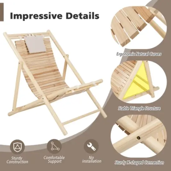 Costway Patio Outdoor Adjustable Folding Wood Sling Chair Reclining Lounge Assembly Free image {8}