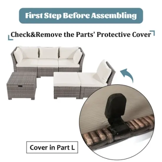 6PCS Patio PE Rattan Conversation Set, Outdoor All-weather Wicker Sectional Sofa Set, Beige-ModernLuxe image {6}