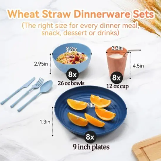 Itopfox 56-Piece Black Wheat Straw Dinnerware Set, Unbreakable Plates, Bowls, Cups & Utensils, Microwave & Dishwasher Safe, Reusable for Home, Office image {1}