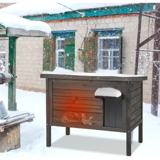 Tangkula Insulated Wooden Cat House w/ All-Round Foam Insulated Double Room Outdoor image {1}