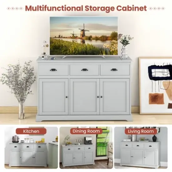 Costway 3 Drawers Sideboard Buffet Cabinet Console Table Kitchen Storage Cupboard Gray image {8}