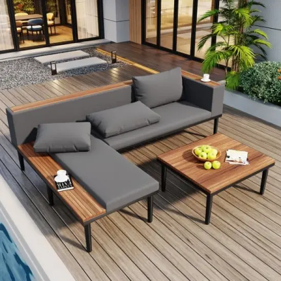 FIONECA Luxury L-Shaped Acacia Wood Patio Sofa Set with Side Table & Coffee Table &uml;C Gray Cushions, Outdoor Conversation Set for Backyard & Porch image {2}
