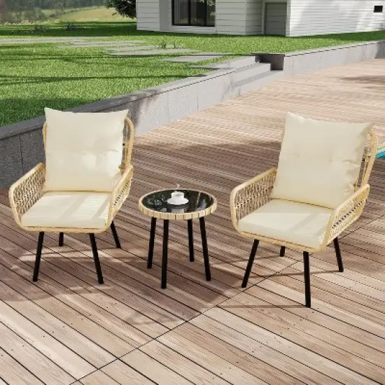 Acekool 3-Piece Wicker Patio Bistro Set with Glass Top Side Table and Cushioned Rattan Chairs for Outdoor Balcony, Porch, Backyard &ndash; Beige image {5}