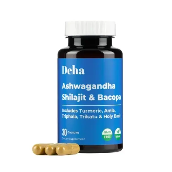 Deha Ashwagandha Shilajit Bacopa Capsules Stress, Energy & Immune Support with Turmeric, Amla & Triphala &ndash; 30 Ct Vegan, Non-GMO image {6}