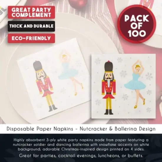 Juvale 100-Pack Nutcracker Princess Disposable Paper Cocktail Napkins, Christmas Holiday Party Supplies image {5}