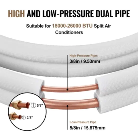 VEVOR 25FT Mini Split Line Set, 3/8" & 5/8" O.D Copper Pipes Tubing and Triple-Layer Insulation, for Mini Split Air Conditioning Refrigerant, White image {3}