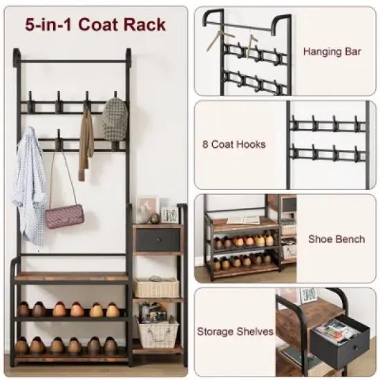 Hall Tree Storage Bench for Entryway, Coat Rack Cloth and Shoe Bench with Drawer for Small Spaces, Bedroom 5-in-1 8 Hooks Coat Rack Storage Shelf image {3}