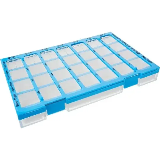 Ezy Dose Weekly (7-Day) Pharmadose Pill Organizer, Easy Fill Tray, 4 Times a Day, Blue (Large) image {8}
