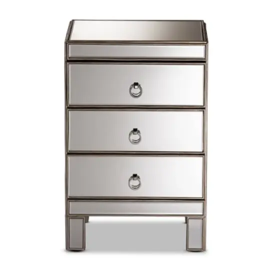 Ewan Mirrored 3 Drawer Nightstand Silver - Baxton Studio image {2}