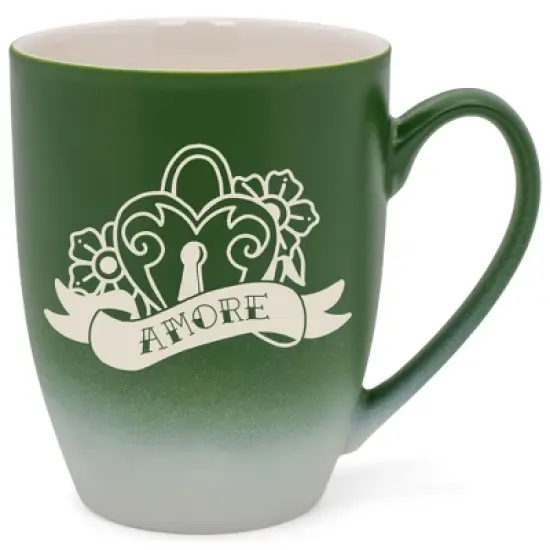 100 North Floral Heart 10 Ounce Green and White Two Toned Ombre, Comfortably Fits Your Hands, Ceramic Tea Coffee Cup Mug, Amore image {1}