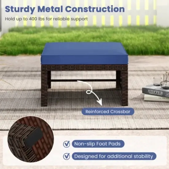 Costway 2 PCS Patio PE Rattan Ottomans with Soft Zippered Cushions for Deck Outdoor White/Navy/Red/Turquoise image {6}