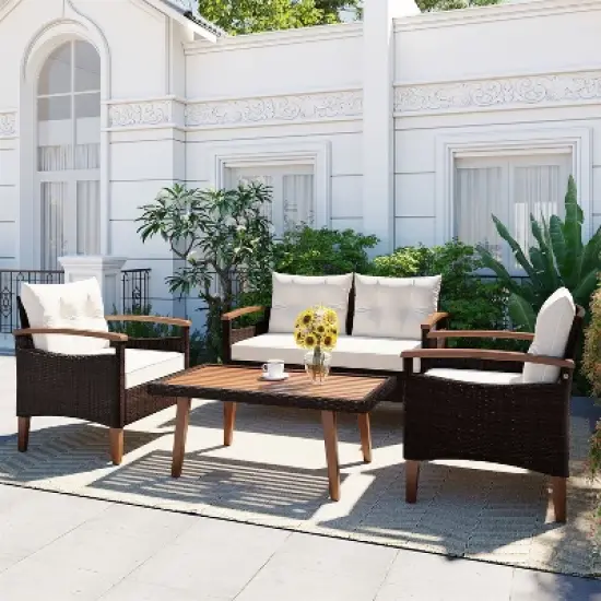 ELJGET 4PCS Patio Furniture Set Rattan Wicker Conversation Set with Wooden Coffee Table & Beige Cushions image {13}