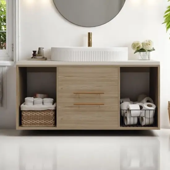 Mshliw 40 Inch Wall Mounted Bathroom Vanity with Oval Ceramic Sink, Floating Solid Wood Cabinet and Open Shelf Storage image {12}