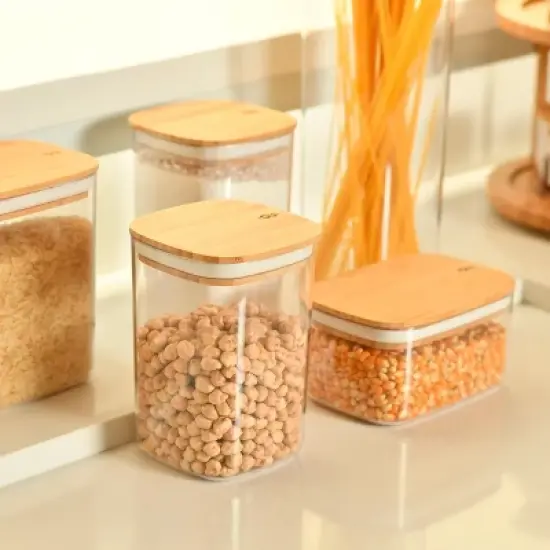 OU Airtight Food Storage Container Set 8pc (set of 4) Clear Plastic Storage Container w Leak Proof Bamboo Lid, Stackable Kitchen Pantry Organizer Jars image {1}