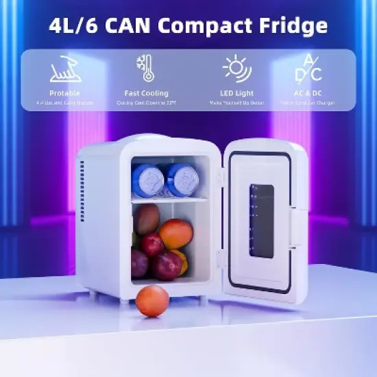 ZAFRO Mini Compact Refrigerator with Gaming Light, 4L Capacity/6 Cans Portable Mini Fridge, for Bedroom,Car,Office and Dorm, White image {3}