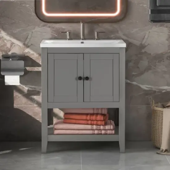 24" Modern Stylish Bathroom Vanity with Porcelain Sink and Open Shelves - ModernLuxe image {10}