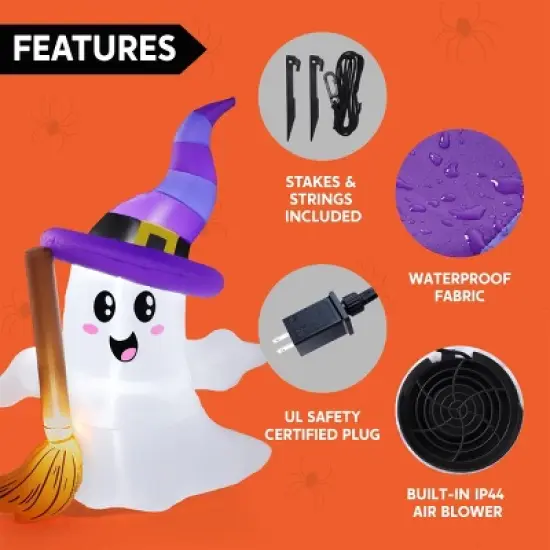 Joyfy 6 FT Tall Halloween Inflatables Outdoor Decorations, Inflatable Cute Ghost Holding Broom with LEDs for Halloween Outdoor Yard Garden Lawn Decor image {5}
