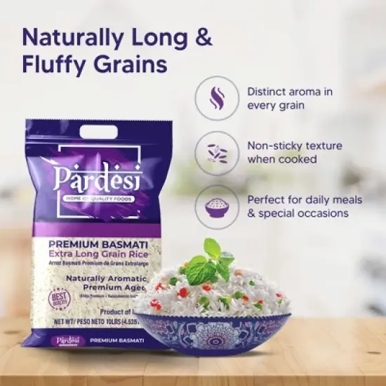 Pardesi Basmati Rice 10LB, Extra Long Grain - Premium Quality, Aromatic Flavor, Soft Texture, Perfect Cooking Choice Perfect for all cuisines. image {3}