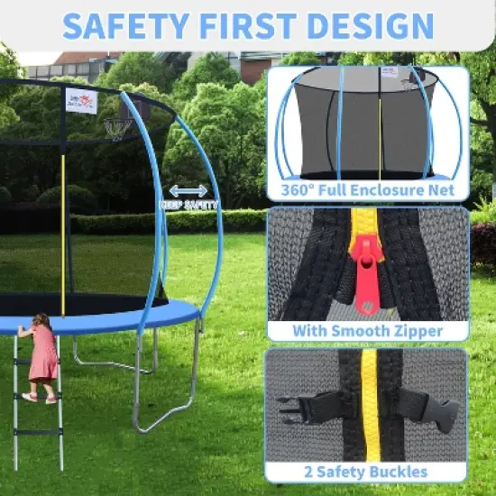 Racxily 12ft Foldable Trampoline for Adults with Handrail - 400lb Capacity, Blue Round Fitness Rebounder, Compact & Portable Home Workout image {3}