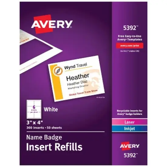 Avery Customizable Name Badge Inserts, 3" x 4", White, 300 Printable Name Tag Inserts (5392) image {8}