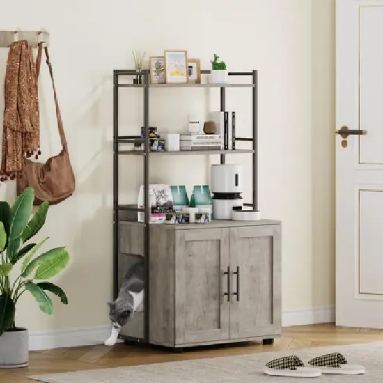 Cat Litter Box Enclosure, 2-in-1 Cat Litter Box Furniture Hidden with 2 Tier Storage Shelves and Doors, Wooden Cat Washroom Furniture image {3}