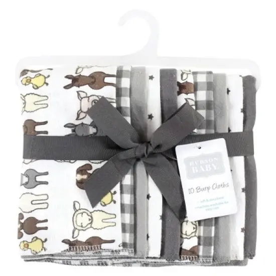 Hudson Baby Cotton Flannel Burp Cloths, Farm Friends Grey 10-Pack, One Size image {1}