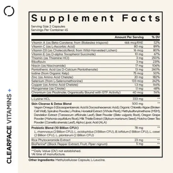 Codeage Clearface, Pantothenic Acid & Niacin, Skin Vitamins & Botanical Blend, Probiotics - 90ct image {2}