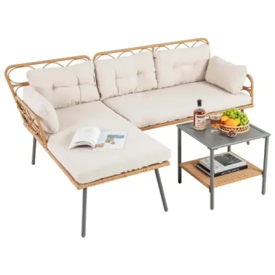 Costway 3 PCS Corner Patio Furniture Cushioned Sofa Set with Small Coffee Table Outdoor image {1}