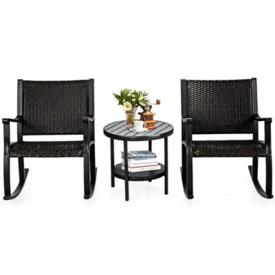 Tangkula 3-Piece Wicker Rocking Bistro Set Outdoor Conversation Set with Coffee Table image {7}