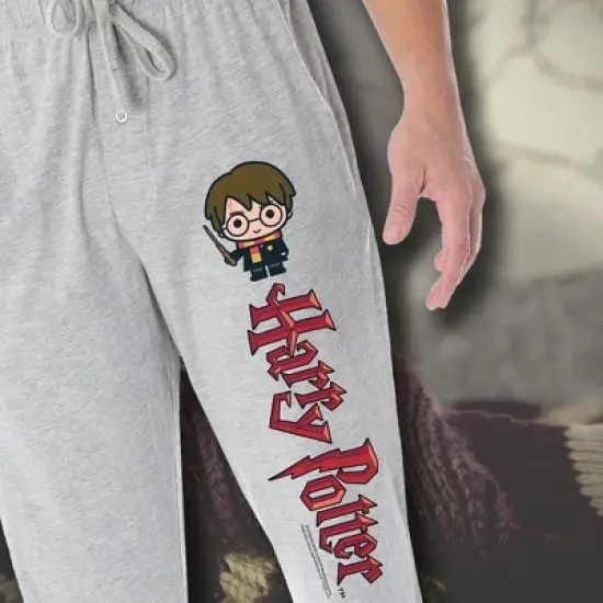 Harry Potter Men's Chibi Character And Script Logo Loungewear Pajama Pants Heather Grey image {2}
