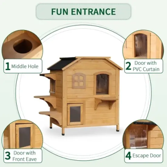 Gulches PawHut 2-story Cat House Outdoor, Weatherproof Wooden Cat Enclosure for Feral Cats, Natural image {3}