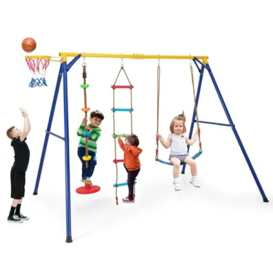 Costway 4-in-1 Kids Swing Sports Set Carbon Steel Swing Stand w/Basketball Hoop Climbing Ladder image {9}