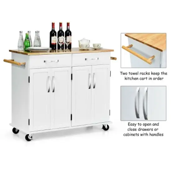Costway Kitchen Trolley Island Utility Cart Wood Top Rolling Storage Cabinet Drawers White image {8}