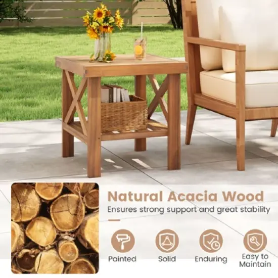 Tangkula 2PCS Outdoor Side Table Acacia Wood Adirondack Table w/ Storage Shelf Natural image {4}