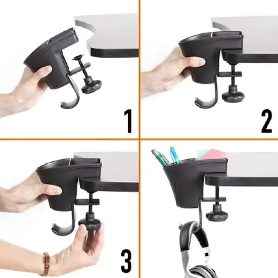 Clamp-On Pen Cup &ndash; 3-in-1 Desk Organizer with Storage Containers and Hook &ndash; Black &ndash; Stand Steady image {2}