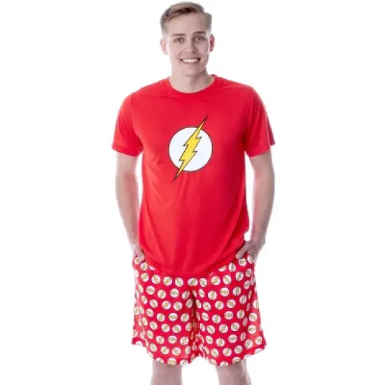 DC Comics Mens' The Flash Logo Short Sleeve Shirt Pajama Short Set Red image {4}