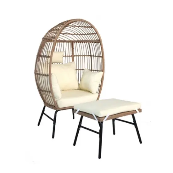 Egg Chair Outdoor, Patio Chair With Ottoman, Hand-woven PE Wicker, 3.9 Inches Thick Cushion, Steel Frame, Lumbar Support image {4}