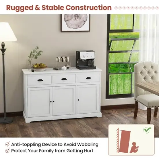 Costway 3 Drawers Sideboard Buffet Cabinet Console Table Kitchen Storage Cupboard White image {7}