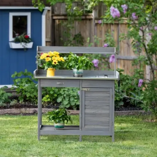 Outsunny Garden Potting Bench Table with Lockable Storage Cabinet and Open Shelf, Outdoor Planting Workstation with Steel Tabletop image {1}