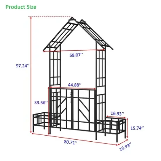 Lirago Black Metal Garden Arch-Galvanized Iron Trellis Rose Arch Outdoor Garden Decor with Gate Design 16.92"Dx97.24"Hx80.7"W image {4}
